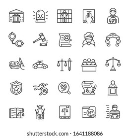 Law, court, adjudication, icon set. legal disputes,law enforcement and punishment, linear icons. Line with editable stroke