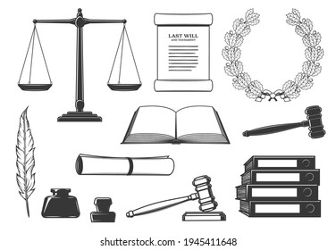 Símbolos del derecho, los tribunales y el sistema de justicia penal. Documento de testamento de última voluntad, corona de roble y escalas de justicia, gavel de juez, pluma de libro abierto y pluma precoz, tintero, sello signet y aglutinantes grabados vector