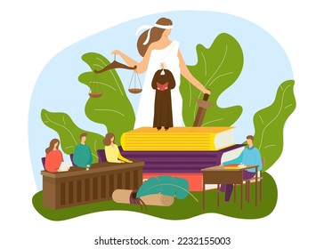 Law court with justice concept, vector illustration. Legal lawyer, judge, attorney work for people, crime judgment with scales design.