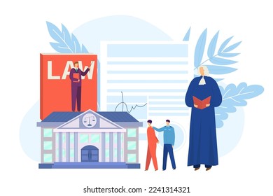 Law court with legal judge concept, vector illustration. Lawyer judge person character work for attorney justice, flat judgment with gavel.