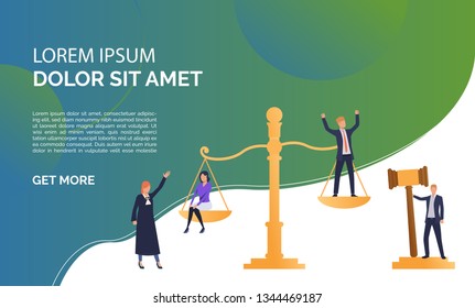 Law court presentation illustration. People standing on scales, federal judge watching on them. Law concept. Vector illustration can be used for topics like presentation, sociality, law court