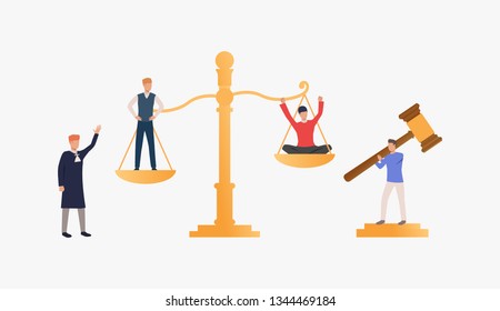 Law court process illustration. People standing on scales, federal judge watching on them. Law concept. Vector illustration can be used for topics like presentation, sociality, law court