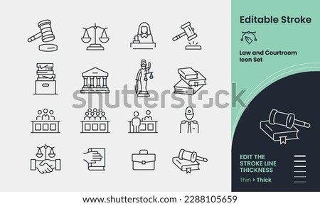 Law and Courtroom Icon collection containing 16 editable stroke icons. Perfect for logos, stats and infographics. Change the thickness of the line in any vector capable app.