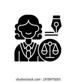 Law department black glyph icon. Dealing with legal affairs. Ensuring company legality and compliance actions. Litigation, investigation. Silhouette symbol on white space. Vector isolated illustration