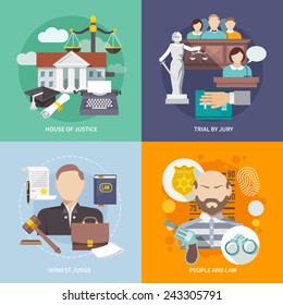 Law design concept with house of justice trial by jury honest judge icon flat set isolated vector illustration