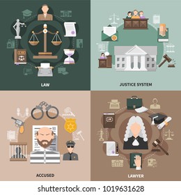 Law design concept with round compositions of flat crime and justice related icons with human characters vector illustration svg
