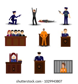 Law design concept with round compositions of flat crime and justice related icons with human characters vector illustration