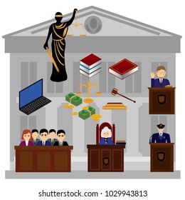 Law design concept with round compositions of flat crime and justice related icons with human characters vector illustration