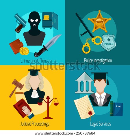 Law design concept set with crime offense police investigation judical proceedings legal services icon flat isolated vector illustration