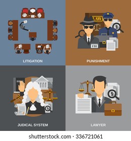 Law design concept set with punishment flat icons isolated vector illustration