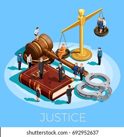 Law design isometric conceptual composition with little people on top of balance gavel legal code and wristbands vector illustration