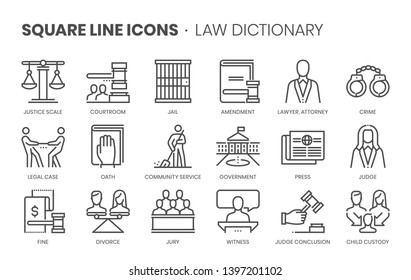 Law dictionary related, pixel perfect, editable stroke, up scalable square line vector icon set. 