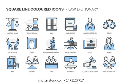 Law dictionary related, square line color vector icon set for applications and website development. The icon set is pixelperfect with 64x64 grid. Crafted with precision and eye for quality.