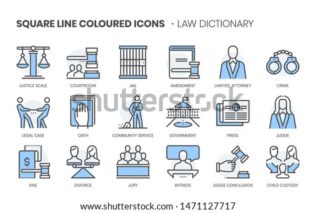 Law dictionary related, square line color vector icon set for applications and website development. The icon set is pixelperfect with 64x64 grid. Crafted with precision and eye for quality.