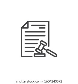 Law document file line icon. Court decision linear style sign for mobile concept and web design. Legal document page with Judge Gavel outline vector icon. Law and justice symbol, logo illustration.