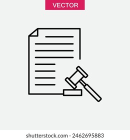 Law document file line icon. Judge Gavel outline Legal document page vector icon..eps