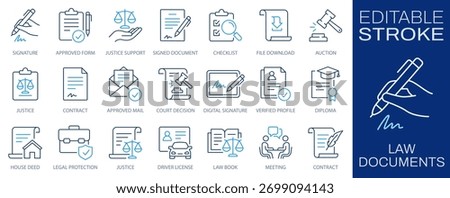Law documents line icons set. Legal contract, verification, signature, protection, and certification symbol. Editable stroke.