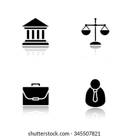 Law drop shadow icons set. Courthouse and scales of justice, jurisprudence and government system, lawyer and briefcase black symbols. Cast shadow logo concepts. Vector silhouette illustrations