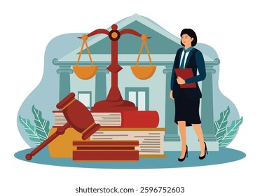 Law Education and Balance of Lawyers. Woman with rules and law standing near the scales and the judge gavel. Flat vector modern illustration 