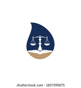 Law education drop shape concept logo design. Vector Libra and open book logo combination.	