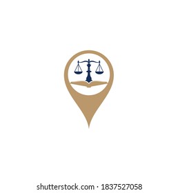 Diseño del logotipo de la forma del pin de la educación jurídica. Vector Libra y combinación de logotipo de libro abierto.