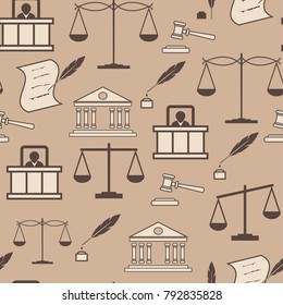 Law elements pattern. Judgment beige background with gavel ink balance seat judge.