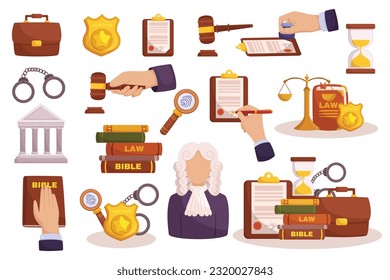 Law Elements Set. Legal Tools Including Books, Scales Of Justice, Gavel, Handcuffs, Judge, Glass, Sandclock And Documents Essential For Legal Professionals And Enthusiasts. Cartoon Vector Illustration