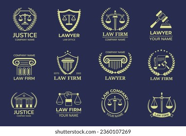 Law emblems. Lawyer badge template with scales of justice, judges gavel, court building and column symbols vector set. Brand identity, notary and advocacy company office isolated logo