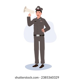 Law Enforcement Announcement concept. Happy Thai Police Officer with Megaphone