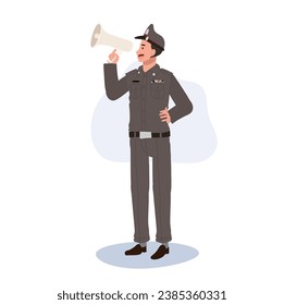 Law Enforcement Announcement concept. Happy Thai Police Officer with Megaphone