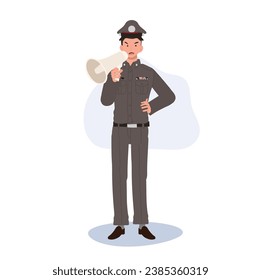 Law Enforcement Announcement concept. Thai Police Officer with Megaphone.