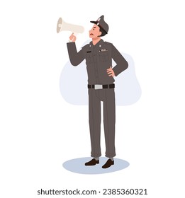 Law Enforcement Announcement concept. Thai Police Officer with Megaphone.