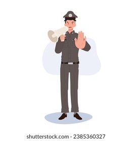 Law Enforcement Announcement concept. Thai Police Officer with Megaphone and doing NO gesture.