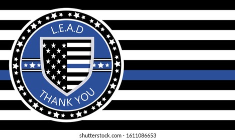 Law Enforcement Appreciation Day is celebreted in USA on January 9th each year. Police shild with US flag and L.E.A.D. slogan. Flat vector with stars for flyer, card, web, banner, emblem, background.