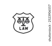 Law Enforcement Badge line icon. linear style sign for mobile concept and web design. Badge with scales outline vector icon. Authority symbol, logo illustration. Vector graphics