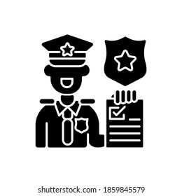 Law enforcement black glyph icon. Police officer. Cop. Sheriff. Maintaining public order and safety. Lives and property protection. Silhouette symbol on white space. Vector isolated illustration