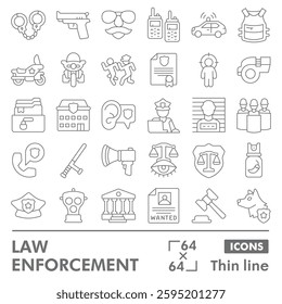 Law enforcement collection or sketches, law and order theme in thin line style signs for web and app. Vector graphics isolated on white background