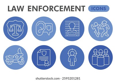 Law enforcement collection or sketches, law and order theme bubbles in thin line style signs for web and app. Vector graphics isolated on white background