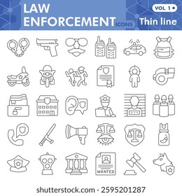 Law enforcement collection or sketches, law and order theme bar in thin line style signs for web and app. Vector graphics isolated on white background