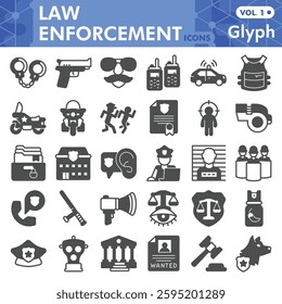 Law enforcement collection or sketches, law and order theme bar in glyph style signs for web and app. Vector graphics isolated on white background