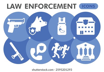 Law enforcement collection or sketches, law and order theme bubbles in glyph style signs for web and app. Vector graphics isolated on white background