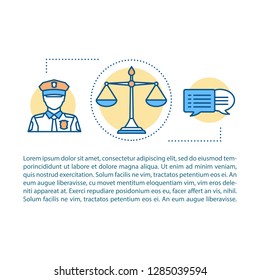 Law enforcement concept linear illustration. Article, brochure, magazine page. Policeman, scales of justice. Thin line icons with text. Print design. Vector isolated outline drawing