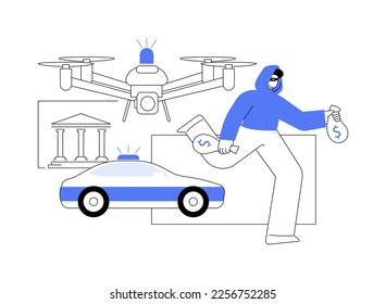 Law enforcement drones abstract concept vector illustration. Law enforcement surveillance UAV, police drone use, smart city IoT tools, government unmanned aerial vehicles abstract metaphor.