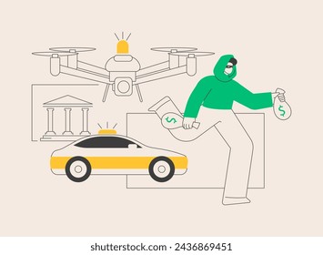 Law enforcement drones abstract concept vector illustration. Law enforcement surveillance UAV, police drone use, smart city IoT tools, government unmanned aerial vehicles abstract metaphor.