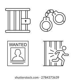 Law enforcement icon collection featuring prison cell, manacle, wanted sign, and jailbreak symbol art.
