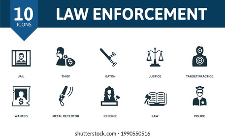 Law Enforcement icon set. Contains editable icons police theme such as jail, baton, target practice and more.