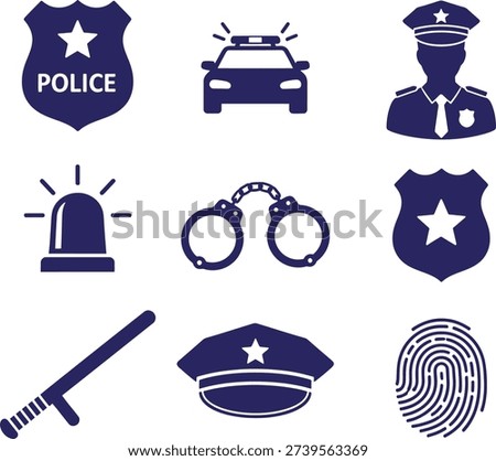 Law enforcement icons set including police badge, officer, car, handcuffs, siren, and more on white background