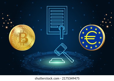 Law enforcement idea concept of the European Central Bank on cryptocurrencies. ECB and bitcoin logo, law related symbols on abstract background. 