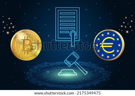 Law enforcement idea concept of the European Central Bank on cryptocurrencies. ECB and bitcoin logo, law related symbols on abstract background. 