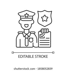 Law enforcement linear icon. Police officer. Cop. Sheriff. Maintaining public order and safety. Thin line customizable illustration. Contour symbol. Vector isolated outline drawing. Editable stroke